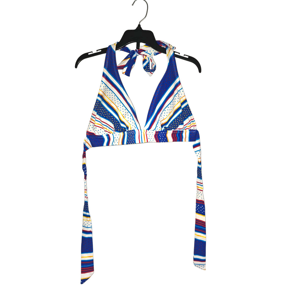 Catalina
Women's top bathing suit 
Blue, white and yellow stripes 
Tie up in th